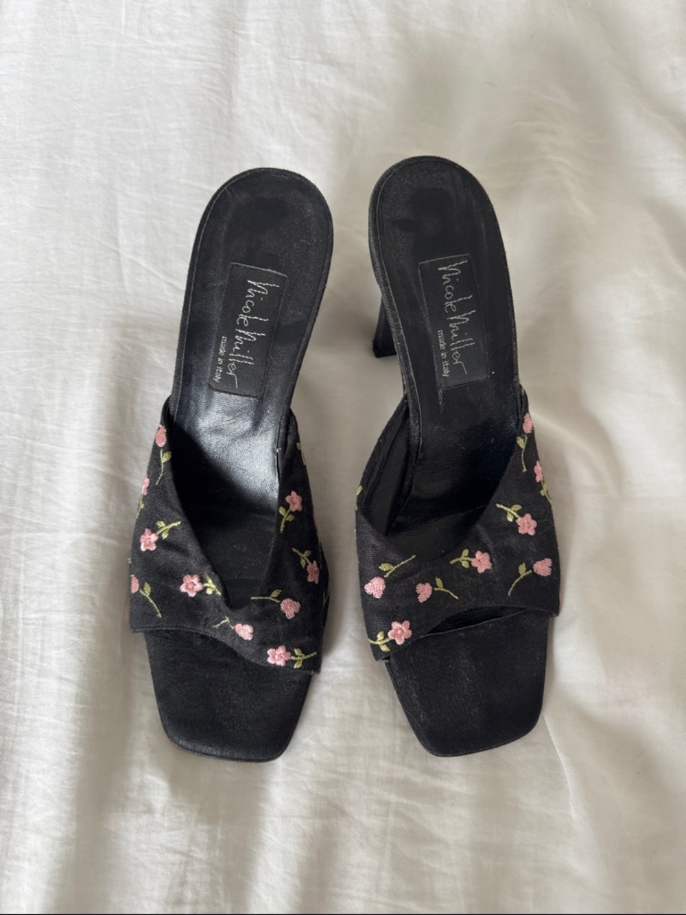 Nicole Miller Black Floral Embroidered Slip-On Heels